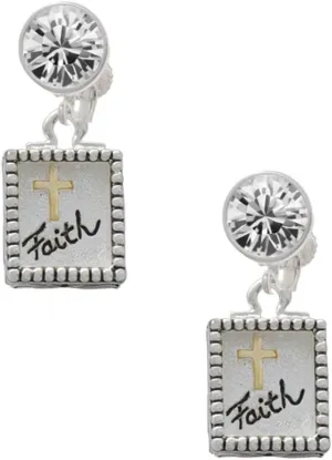 Delight Jewelry Two-tone Shadow Box ''Faith'' with Cross - Large Crystal Clip on Earrings