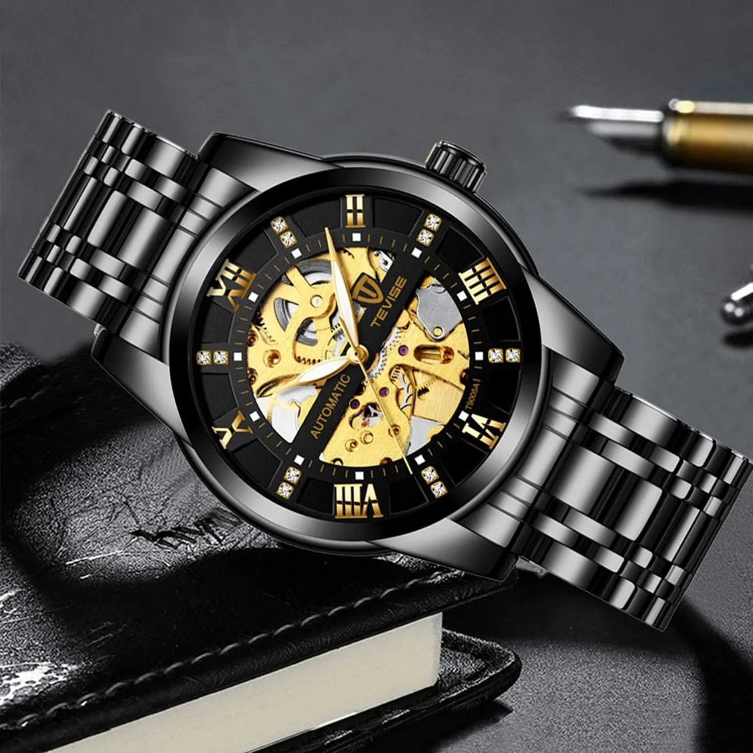 Dentily Men's Watch Mechanical Stainless Steel Skeleton Automatic Waterproof Business Watches for Men