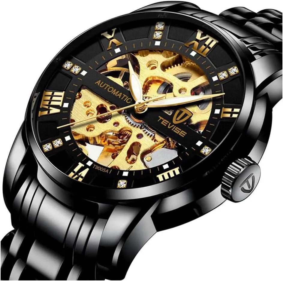 Dentily Men's Watch Mechanical Stainless Steel Skeleton Automatic Waterproof Business Watches for Men