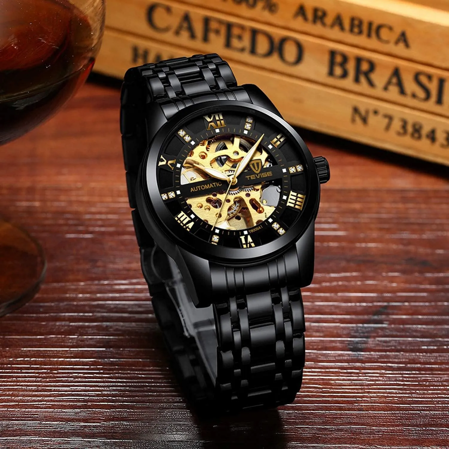 Dentily Men's Watch Mechanical Stainless Steel Skeleton Automatic Waterproof Business Watches for Men