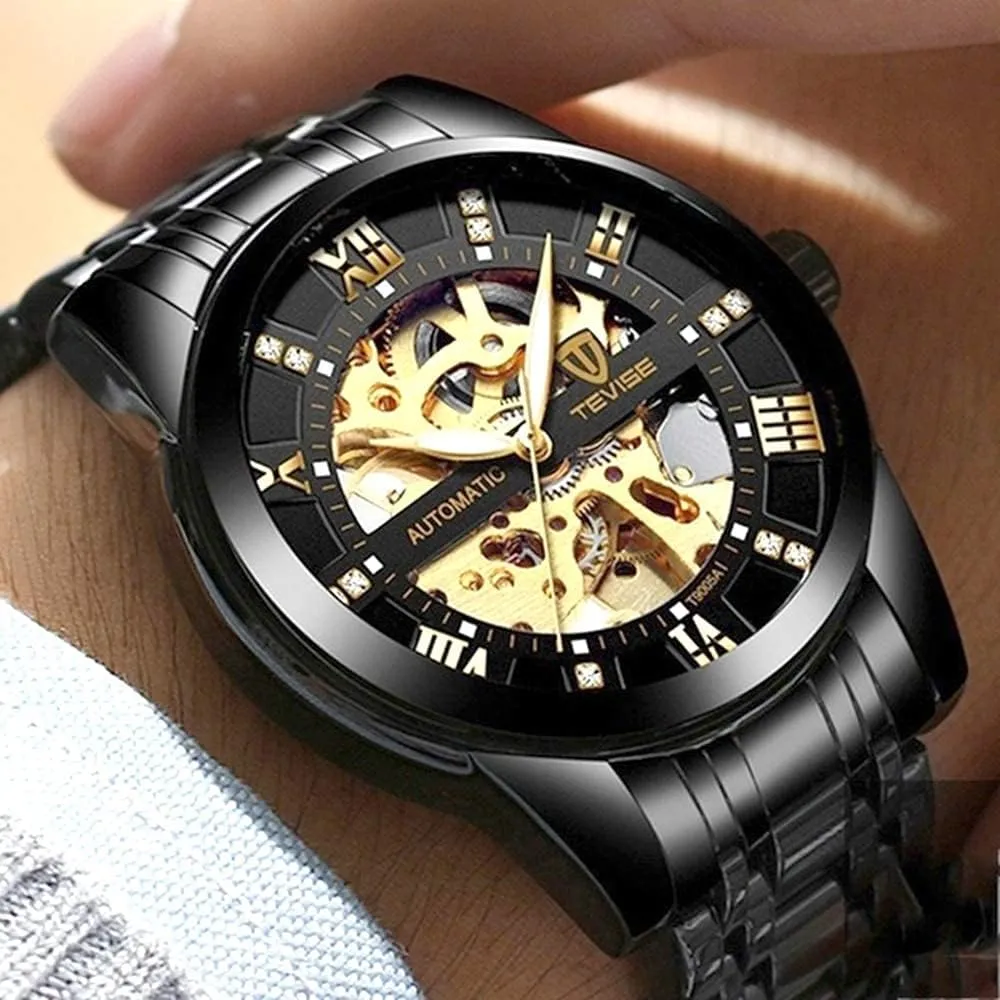 Dentily Men's Watch Mechanical Stainless Steel Skeleton Automatic Waterproof Business Watches for Men