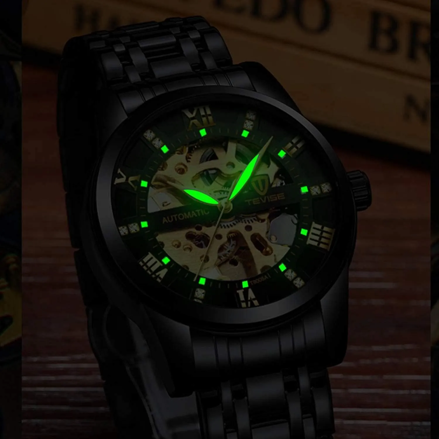 Dentily Men's Watch Mechanical Stainless Steel Skeleton Automatic Waterproof Business Watches for Men