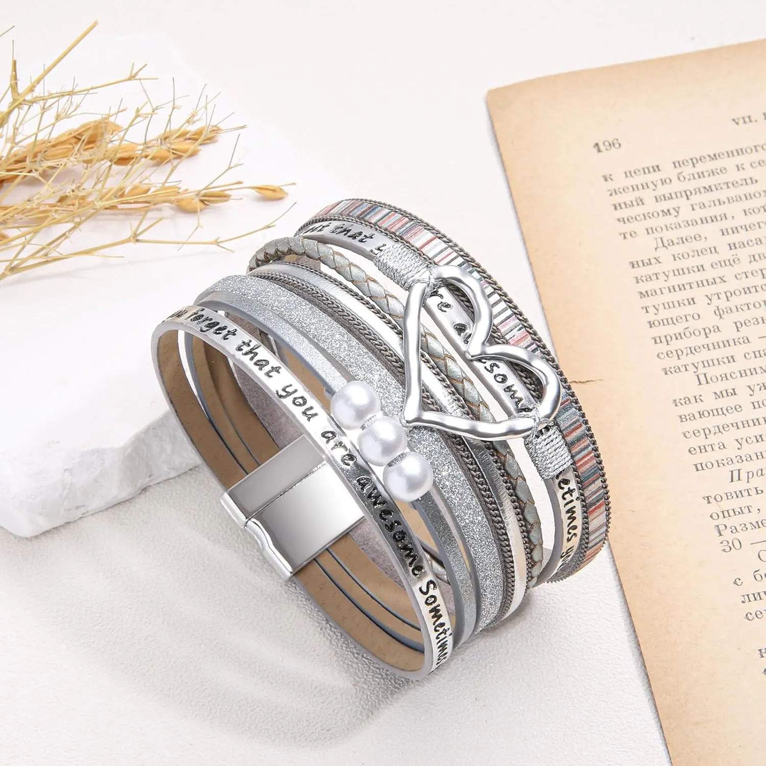 Desimtion Inspirational Heart Leather Bracelets for Women, SOMETIMES YOU FORGET ARE AWESOME Gifts for Women Teen Girls on Birthday ChristmasBeige Wrap Boho Leather Bracelet Jewelry