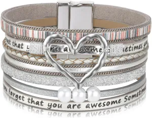 Desimtion Inspirational Heart Leather Bracelets for Women, SOMETIMES YOU FORGET ARE AWESOME Gifts for Women Teen Girls on Birthday ChristmasBeige Wrap Boho Leather Bracelet Jewelry