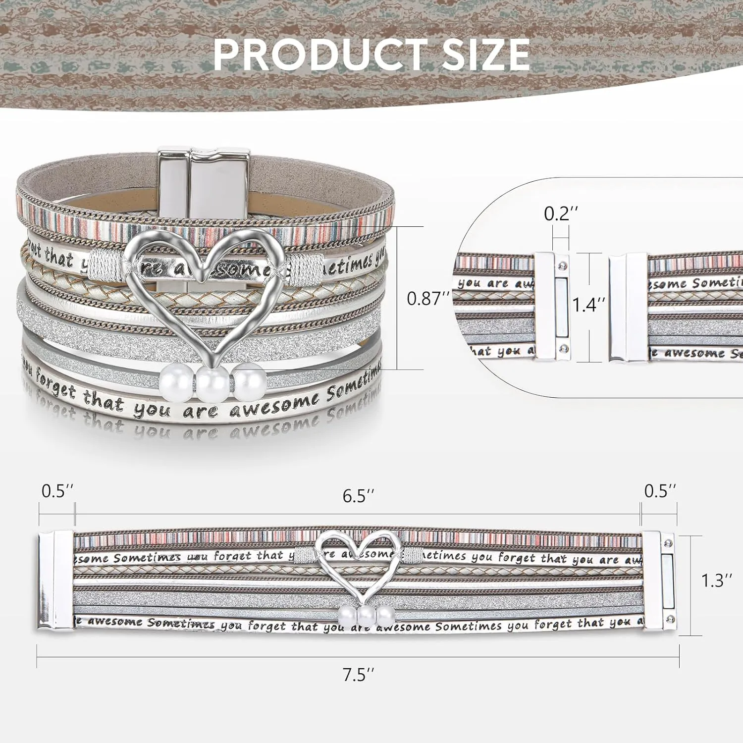 Desimtion Inspirational Heart Leather Bracelets for Women, SOMETIMES YOU FORGET ARE AWESOME Gifts for Women Teen Girls on Birthday ChristmasBeige Wrap Boho Leather Bracelet Jewelry