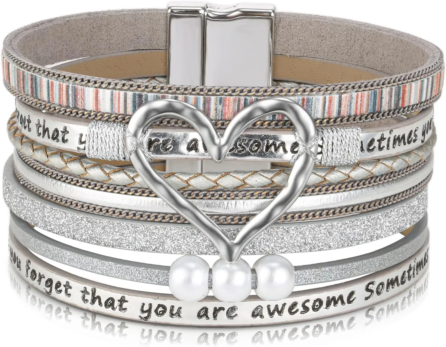 Desimtion Inspirational Heart Leather Bracelets for Women, SOMETIMES YOU FORGET ARE AWESOME Gifts for Women Teen Girls on Birthday ChristmasBeige Wrap Boho Leather Bracelet Jewelry