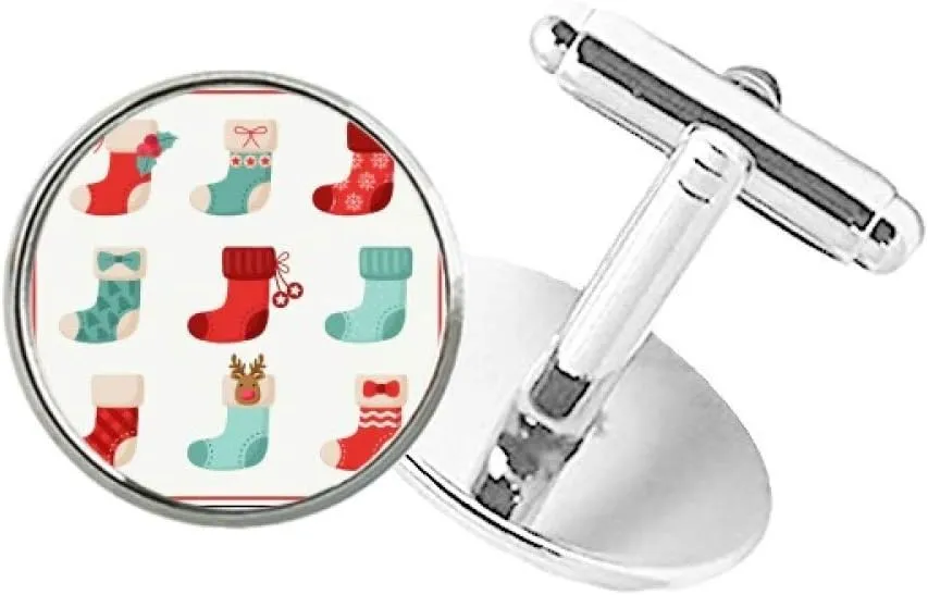 DIYthinker Merry mas Colorful Sock Illustration Round Button Cuff Clip Stud Cufflinks