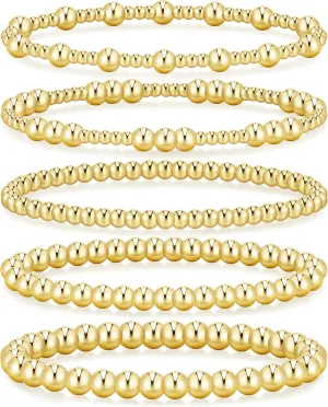 Dodder Gold Beaded Bracelets Set for Women, 14K Gold Plated Elastic Stretch Bead Bracelet Stack 5 Pcs 6"-7.5"
