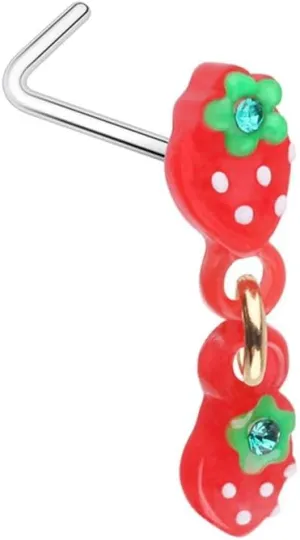 Double Strawberry Dangle L-Shape Nose Ring