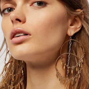 DoubleNine Large Hoop Earrings Leaf Tassels Boho Retro Women Jewelry Gift (gold)