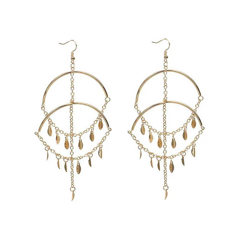DoubleNine Large Hoop Earrings Leaf Tassels Boho Retro Women Jewelry Gift (gold)