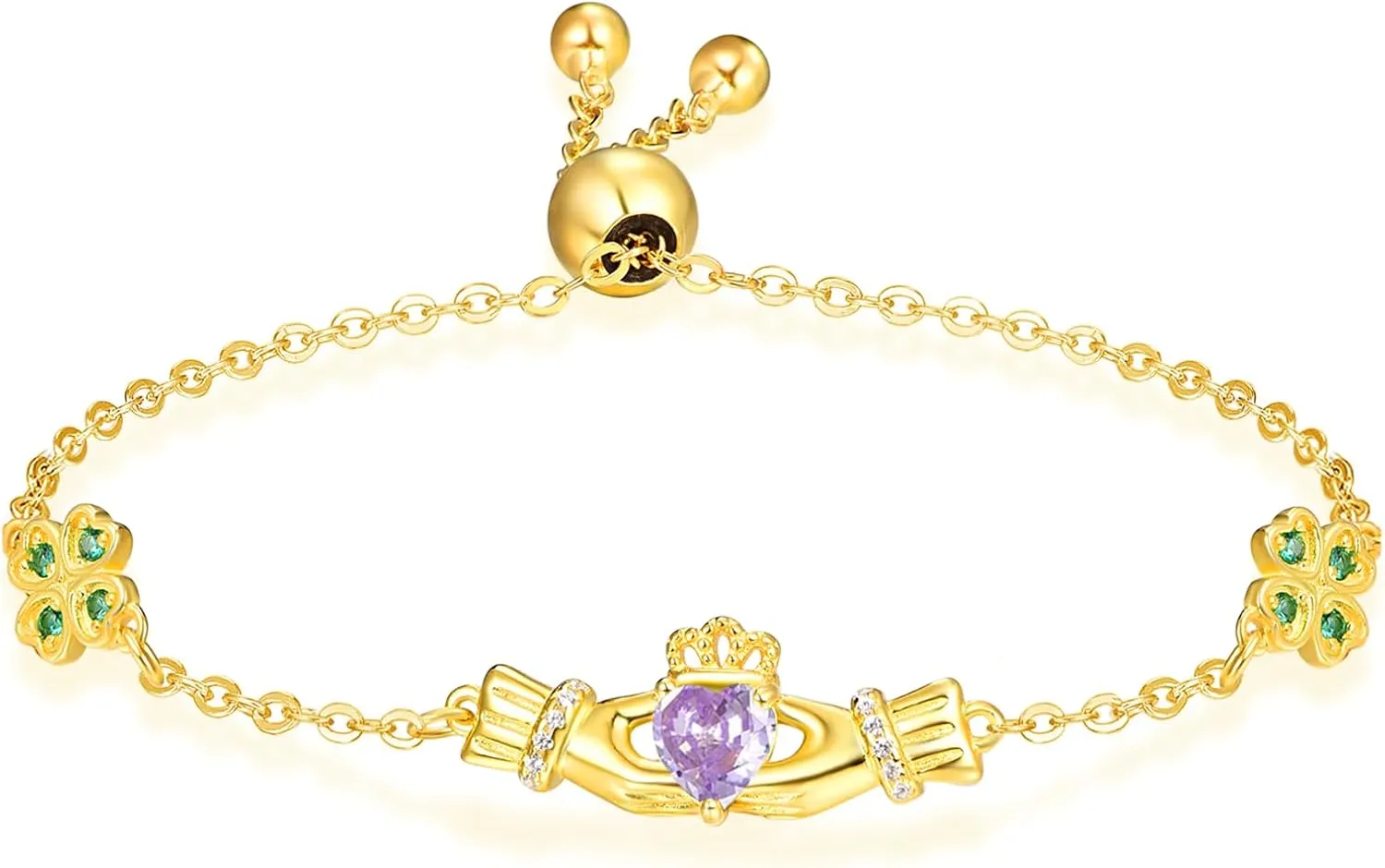 Dreamboat Sterling Silver Claddagh Bracelet for Women Irish Bracelet Heart Clover Bracelets Birthstone Bracelet Adjustable Irish Jewelry Gifts for Mom