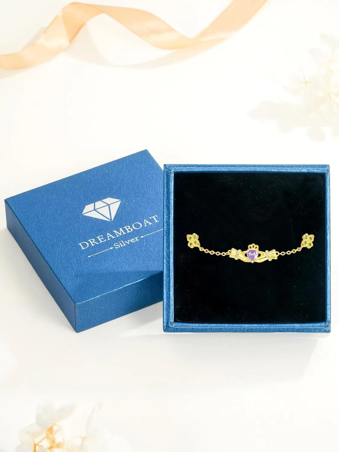 Dreamboat Sterling Silver Claddagh Bracelet for Women Irish Bracelet Heart Clover Bracelets Birthstone Bracelet Adjustable Irish Jewelry Gifts for Mom