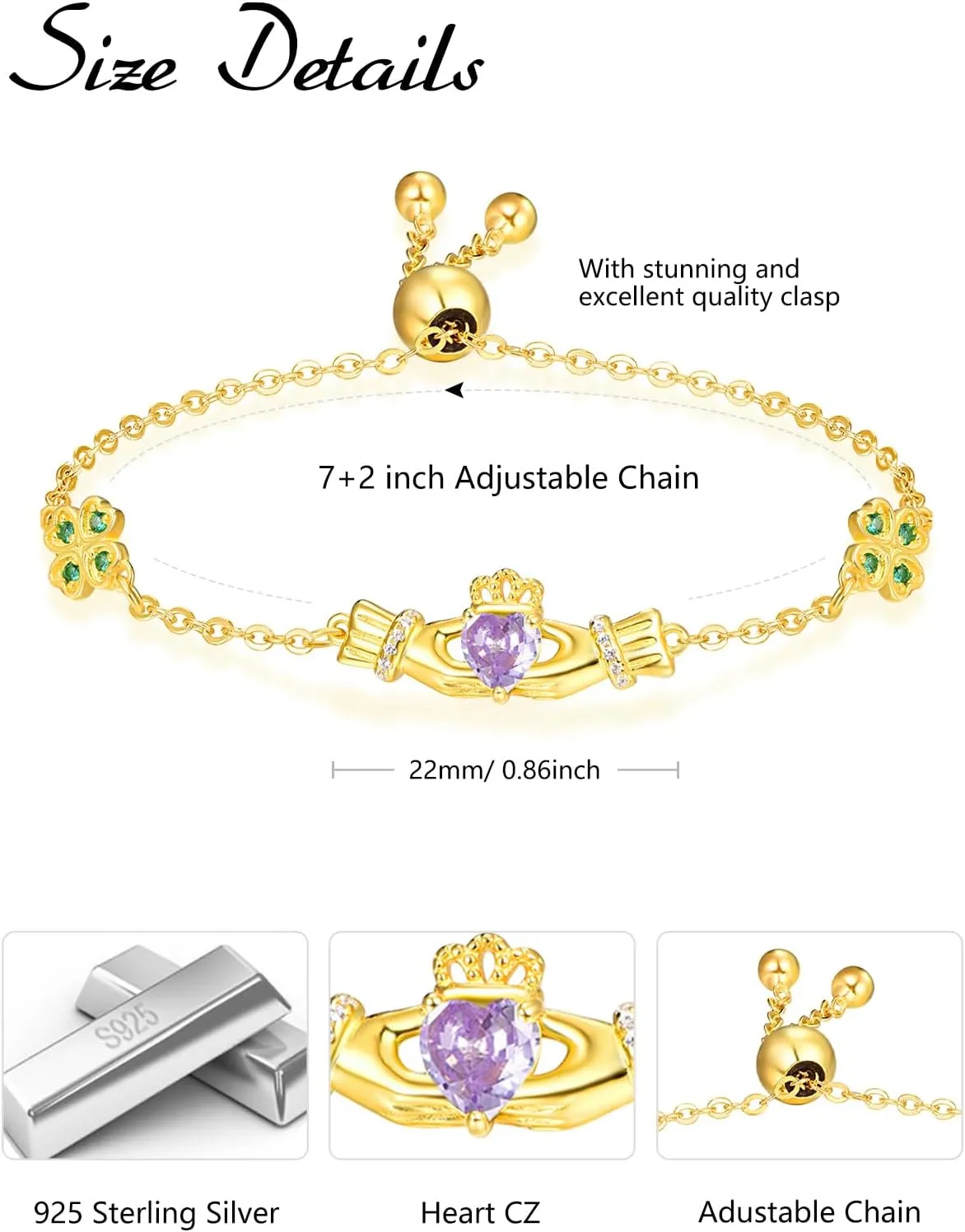 Dreamboat Sterling Silver Claddagh Bracelet for Women Irish Bracelet Heart Clover Bracelets Birthstone Bracelet Adjustable Irish Jewelry Gifts for Mom
