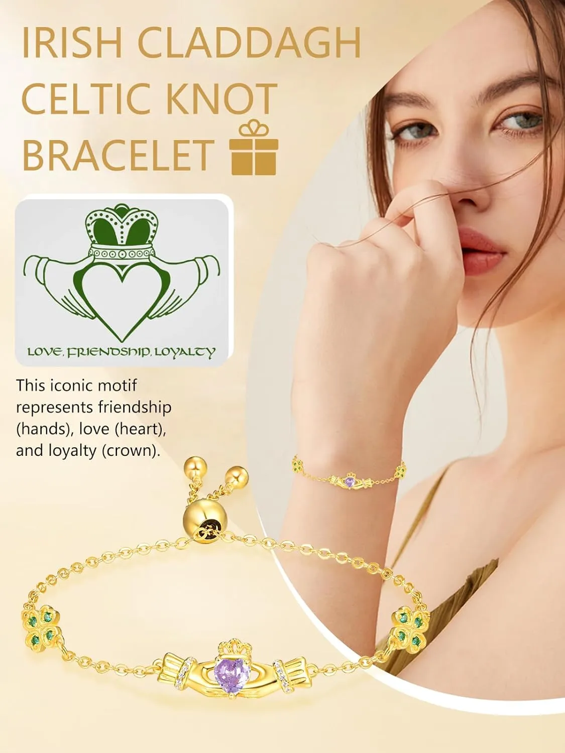 Dreamboat Sterling Silver Claddagh Bracelet for Women Irish Bracelet Heart Clover Bracelets Birthstone Bracelet Adjustable Irish Jewelry Gifts for Mom