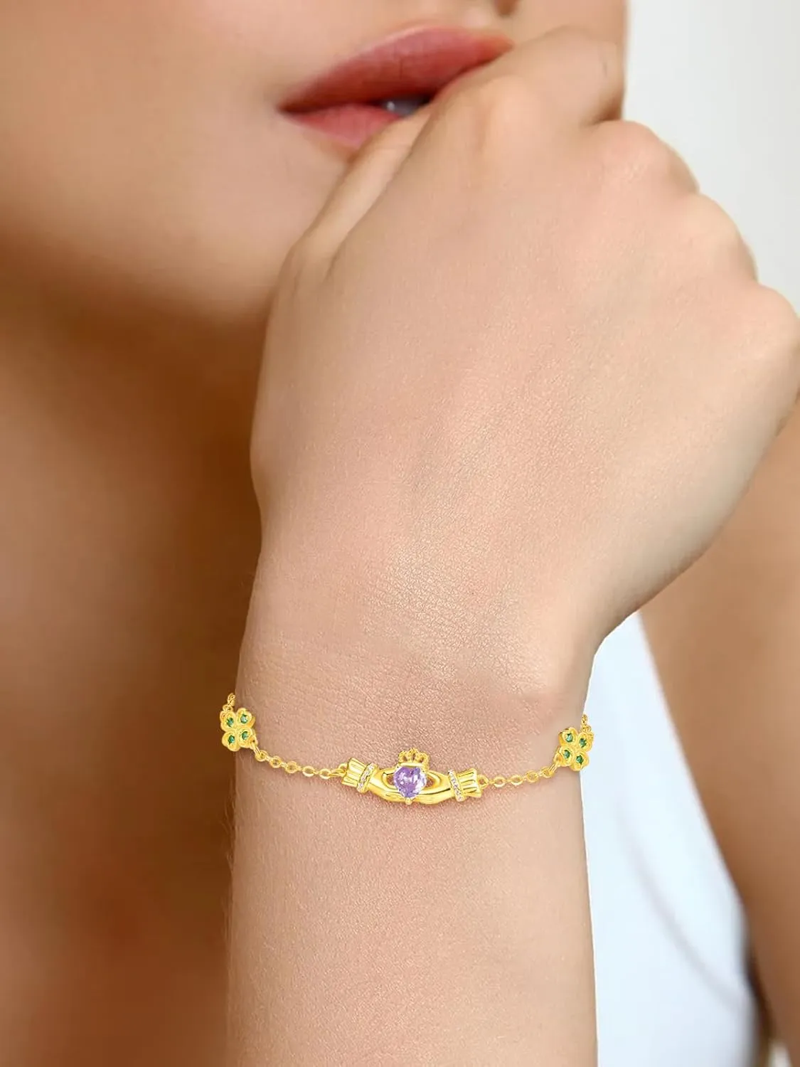 Dreamboat Sterling Silver Claddagh Bracelet for Women Irish Bracelet Heart Clover Bracelets Birthstone Bracelet Adjustable Irish Jewelry Gifts for Mom