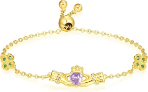 Dreamboat Sterling Silver Claddagh Bracelet for Women Irish Bracelet Heart Clover Bracelets Birthstone Bracelet Adjustable Irish Jewelry Gifts for Mom