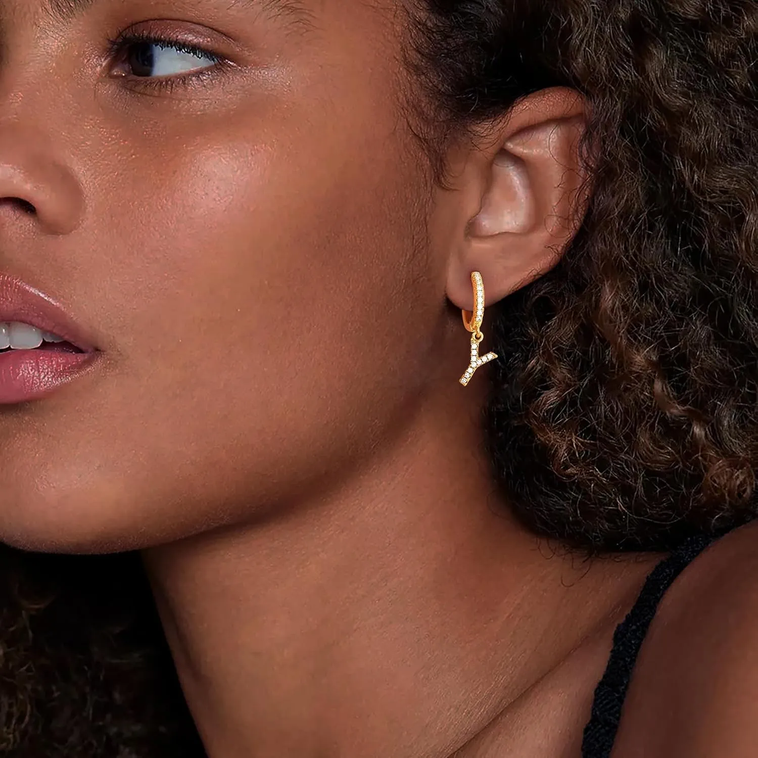 DREMMY STUDIOS Dainty Initial Huggie Hoop Earring 14k Gold Plated Simple Tiny Cute Cubic Zirconia Initial A-Z 26 Letter Dangle Hoop Earring for Women Charm Minimalist Personalized Gift for Her