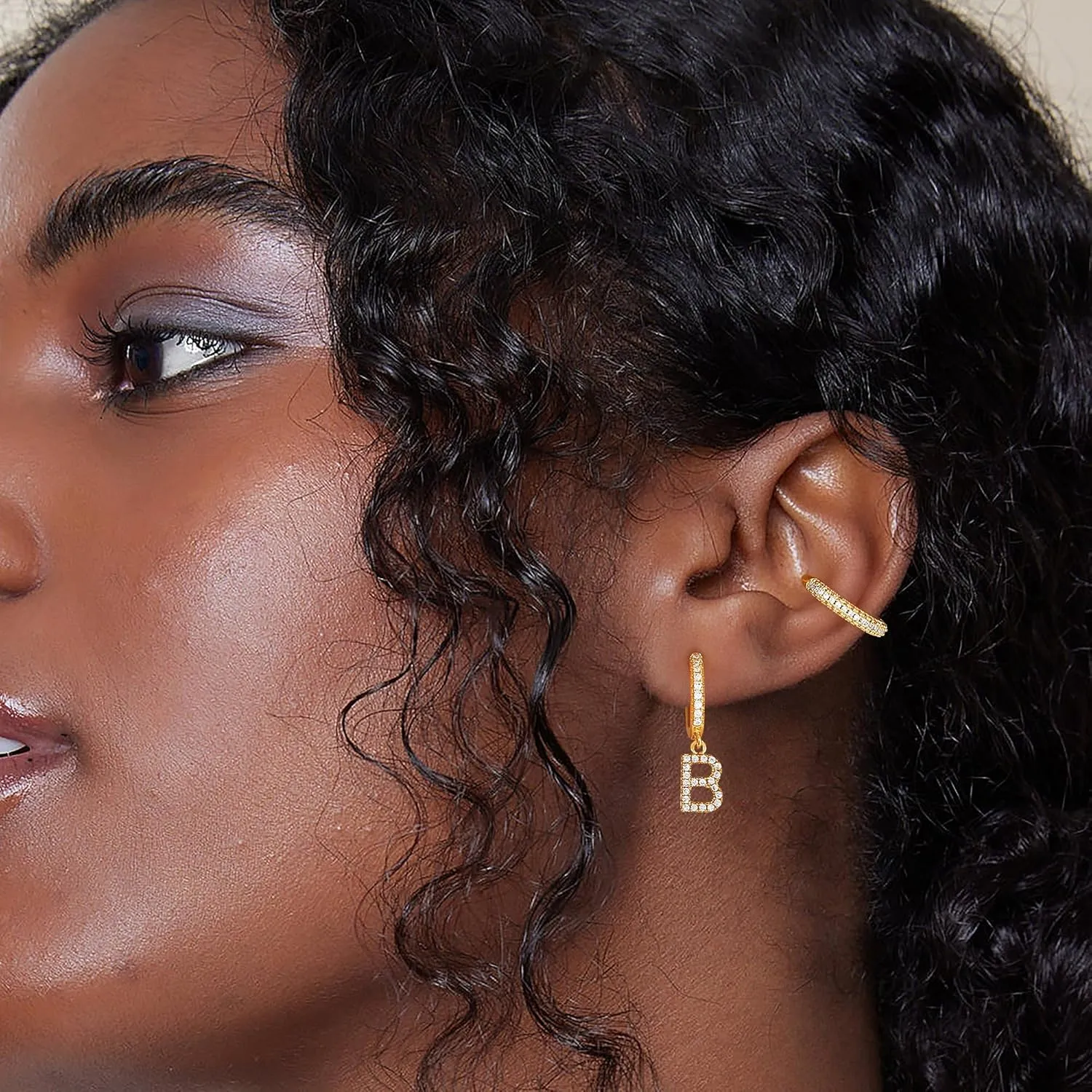 DREMMY STUDIOS Dainty Initial Huggie Hoop Earring 14k Gold Plated Simple Tiny Cute Cubic Zirconia Initial A-Z 26 Letter Dangle Hoop Earring for Women Charm Minimalist Personalized Gift for Her