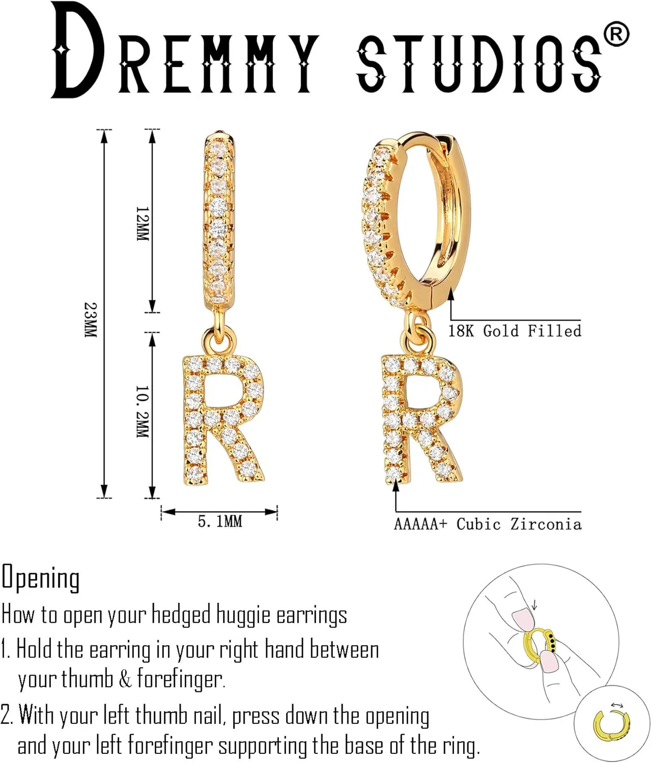 DREMMY STUDIOS Dainty Initial Huggie Hoop Earring 14k Gold Plated Simple Tiny Cute Cubic Zirconia Initial A-Z 26 Letter Dangle Hoop Earring for Women Charm Minimalist Personalized Gift for Her