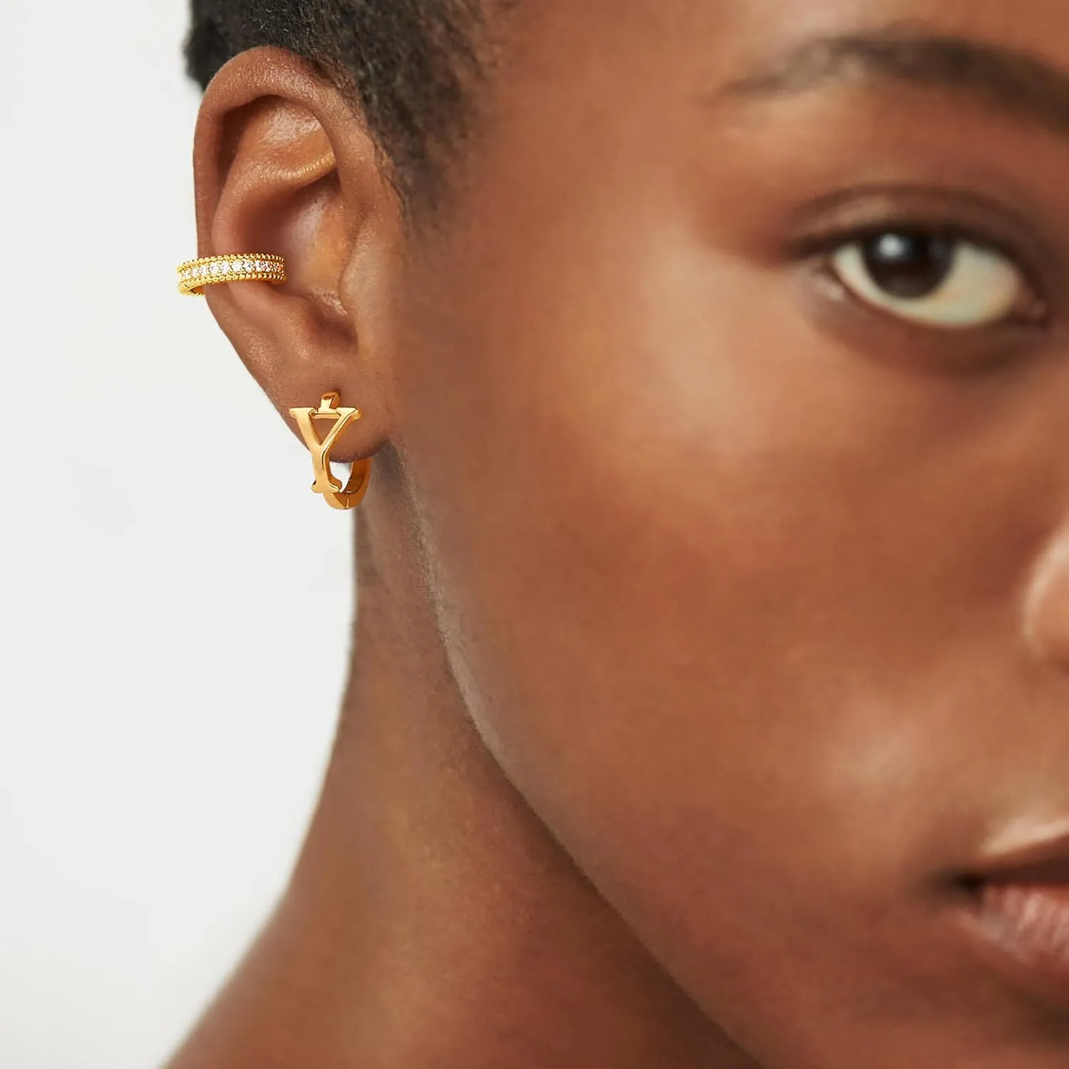 DREMMY STUDIOS Dainty Initial Huggie Hoop Earring 14k Gold Plated Simple Tiny Cute Cubic Zirconia Initial A-Z 26 Letter Dangle Hoop Earring for Women Charm Minimalist Personalized Gift for Her