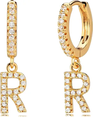 DREMMY STUDIOS Dainty Initial Huggie Hoop Earring 14k Gold Plated Simple Tiny Cute Cubic Zirconia Initial A-Z 26 Letter Dangle Hoop Earring for Women Charm Minimalist Personalized Gift for Her