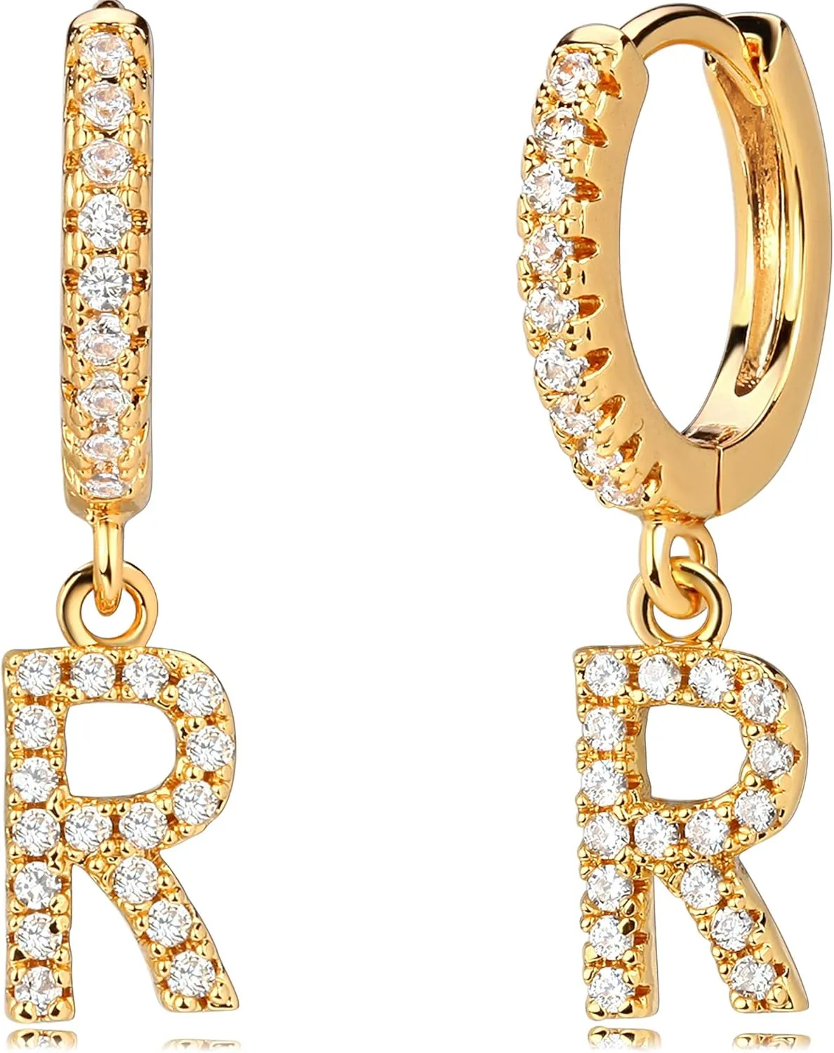 DREMMY STUDIOS Dainty Initial Huggie Hoop Earring 14k Gold Plated Simple Tiny Cute Cubic Zirconia Initial A-Z 26 Letter Dangle Hoop Earring for Women Charm Minimalist Personalized Gift for Her