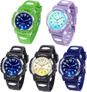 DTKID Colorful Light Kid Waterproof Analog Watch Soft Rubber Band Easy to Read Dial 5-18 Years Old