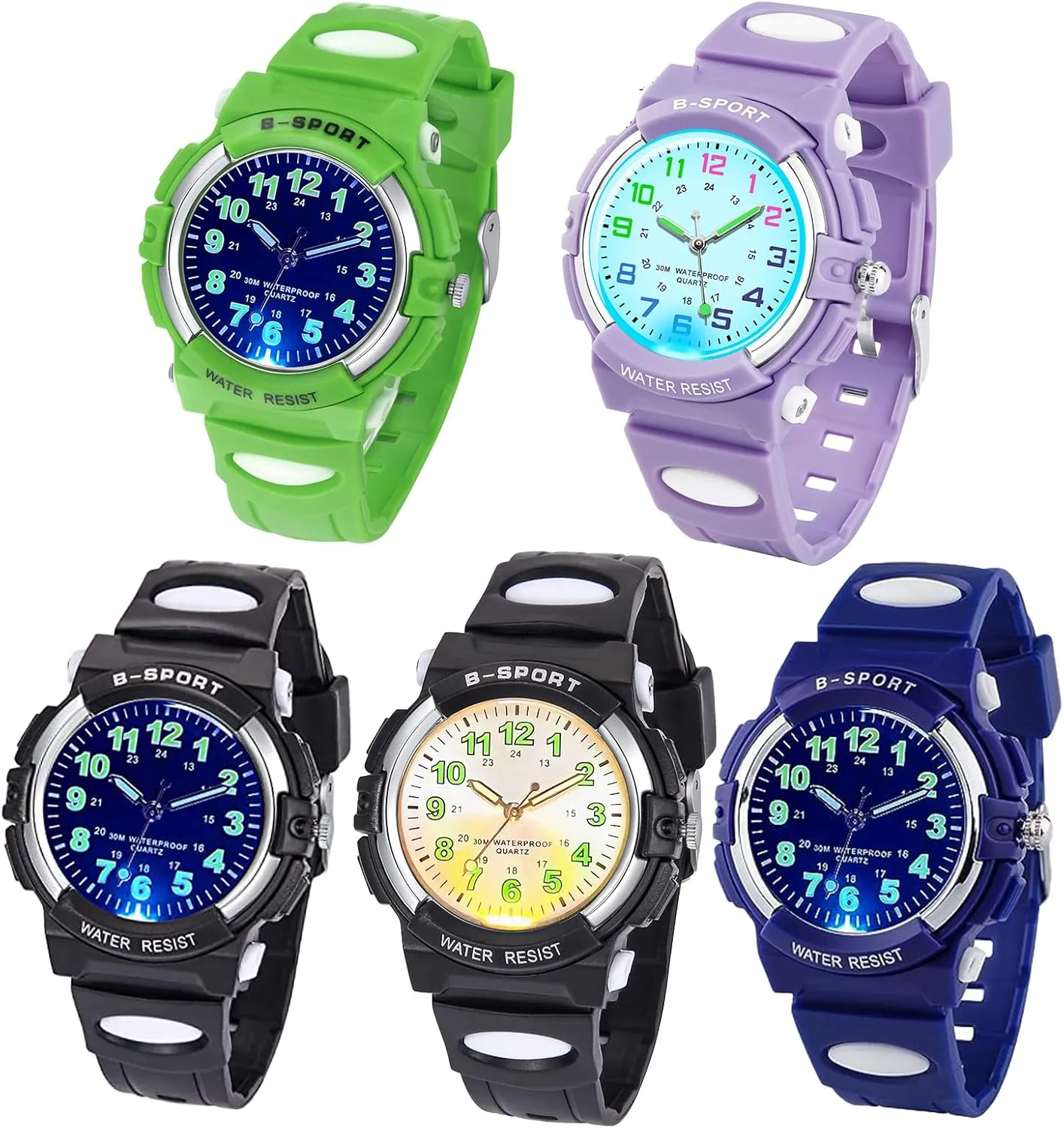 DTKID Colorful Light Kid Waterproof Analog Watch Soft Rubber Band Easy to Read Dial 5-18 Years Old