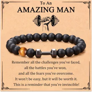 Dumbbell Bracelet Gifts for Men, Inspirational Onyx Beads Gym Fitness Barbell Bracelets for Men, Christmas Cool Gifts for Dad Husband Son Brother Friends