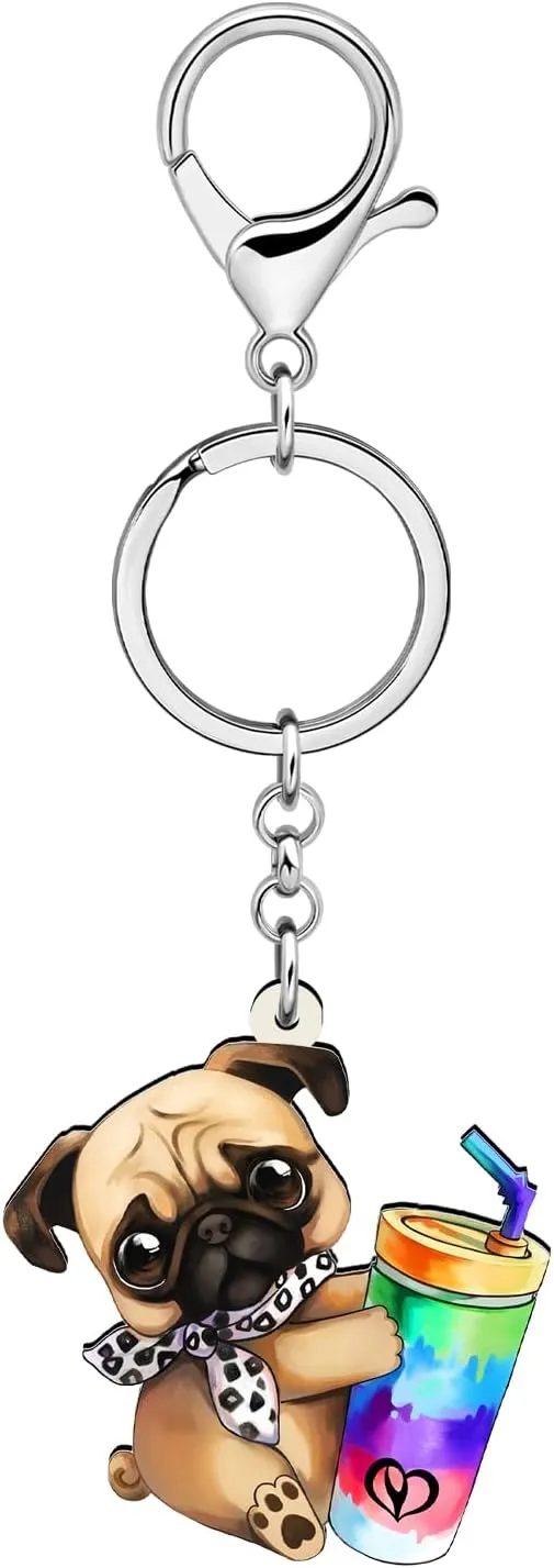 DUOWEI Acrylic Cute Pug Dog Keychain Key Ring Pug Gifts for Women Dog Mom Pets Lovers Car Keys Wallet Backpack Accessories