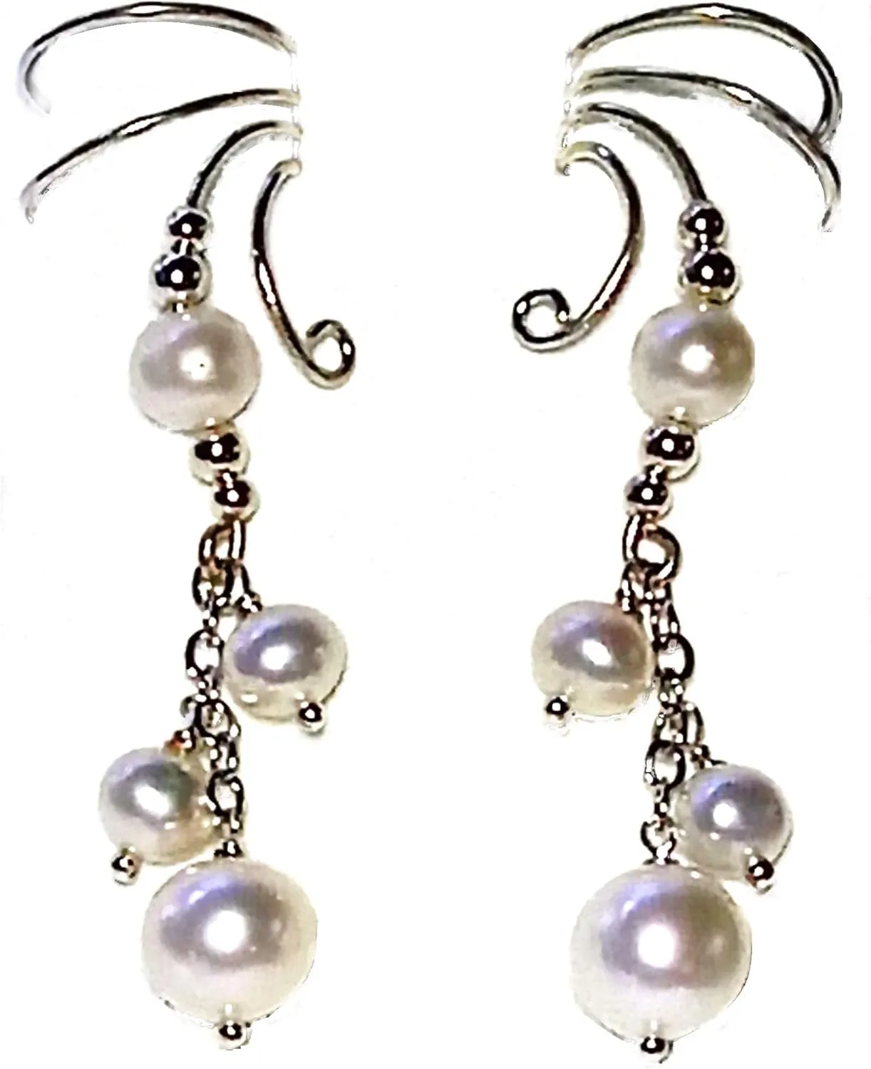 Ear Charms Wave Ear Cuff Non-Pierced Earring Wraps White Cultured Pearl Drops in Sterling
