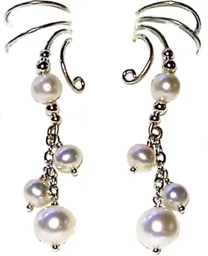 Ear Charms Wave Ear Cuff Non-Pierced Earring Wraps White Cultured Pearl Drops in Sterling