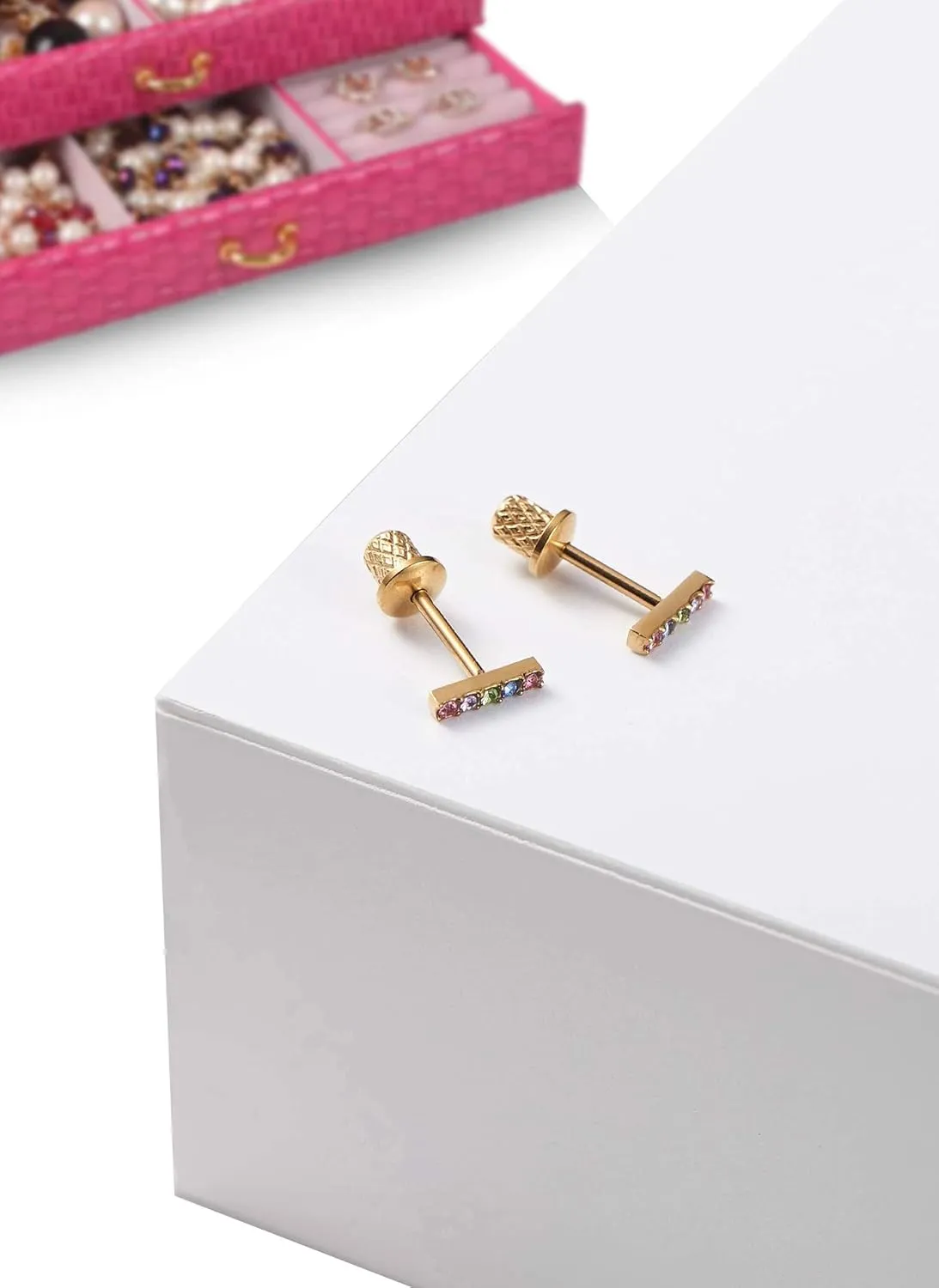 Earrings For Girls,18k Gold Plated Multicolored Mini Bar Hypoallergenic Earrings for Girls, Stud Screw On Safety Backs, Stainless Steel Ultra Sensitive Ears Post For Kids, Toddlers, Little Girls, Teens