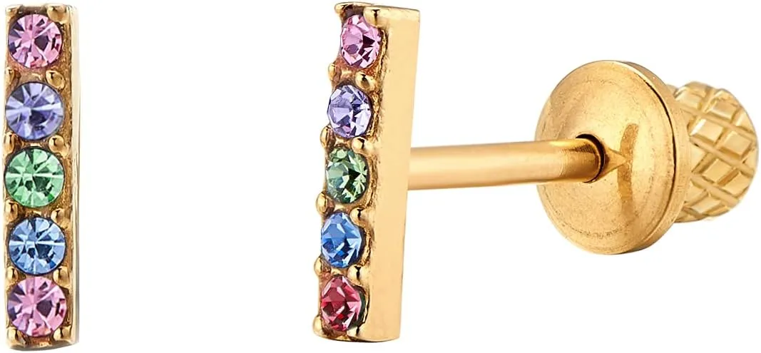 Earrings For Girls,18k Gold Plated Multicolored Mini Bar Hypoallergenic Earrings for Girls, Stud Screw On Safety Backs, Stainless Steel Ultra Sensitive Ears Post For Kids, Toddlers, Little Girls, Teens