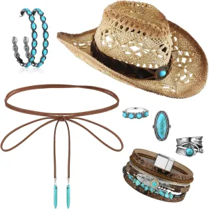 Ecally 7 Pcs Boho Jewelry Set Straw Cowboy Hat with Vintage Turquoise Necklace Rodeo Bracelet Ring Pendant Earrings for Women