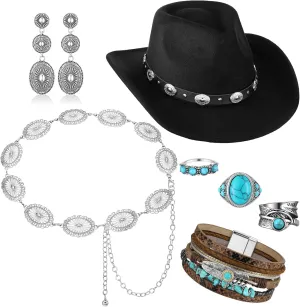Ecally 7 Pcs Boho Jewelry Set Straw Cowboy Hat with Vintage Turquoise Necklace Rodeo Bracelet Ring Pendant Earrings for Women