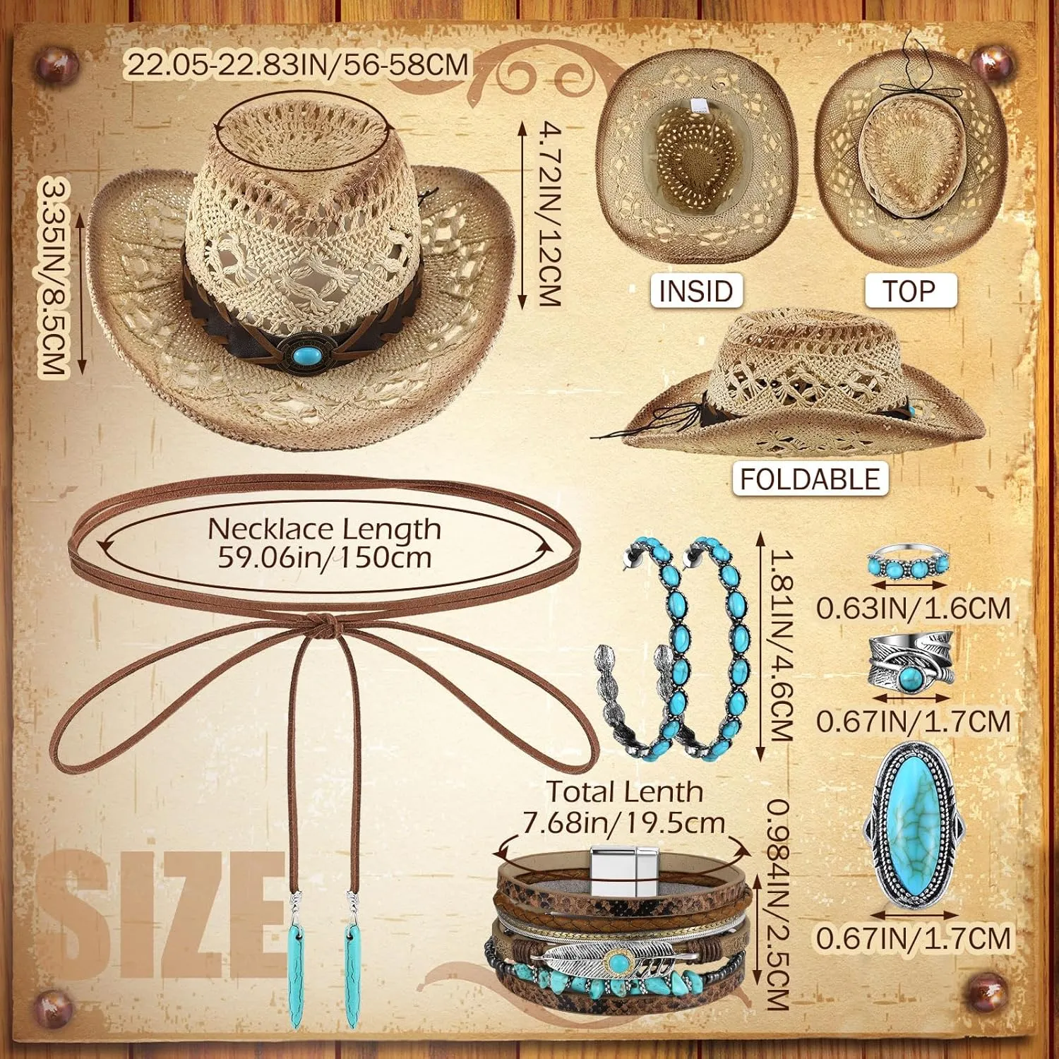 Ecally 7 Pcs Boho Jewelry Set Straw Cowboy Hat with Vintage Turquoise Necklace Rodeo Bracelet Ring Pendant Earrings for Women
