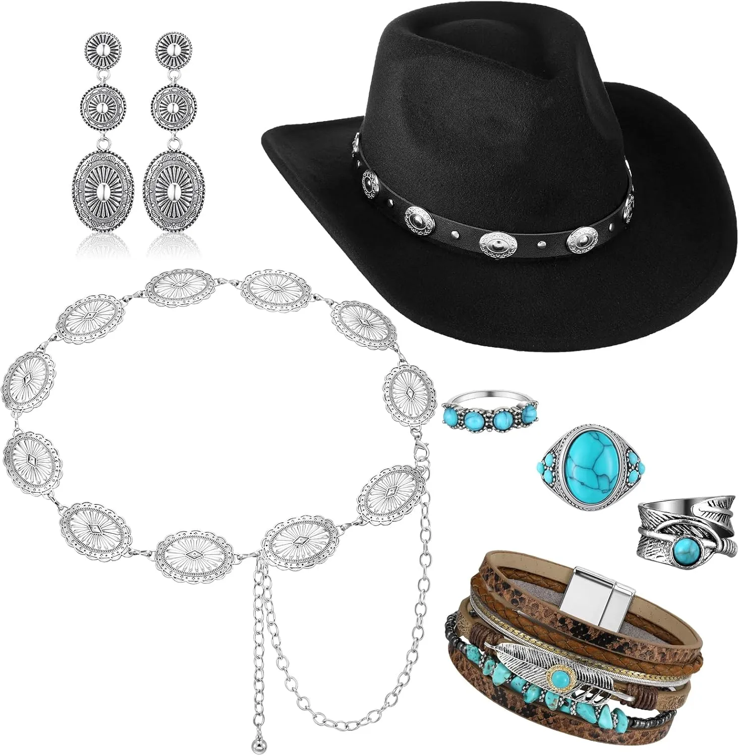 Ecally 7 Pcs Boho Jewelry Set Straw Cowboy Hat with Vintage Turquoise Necklace Rodeo Bracelet Ring Pendant Earrings for Women