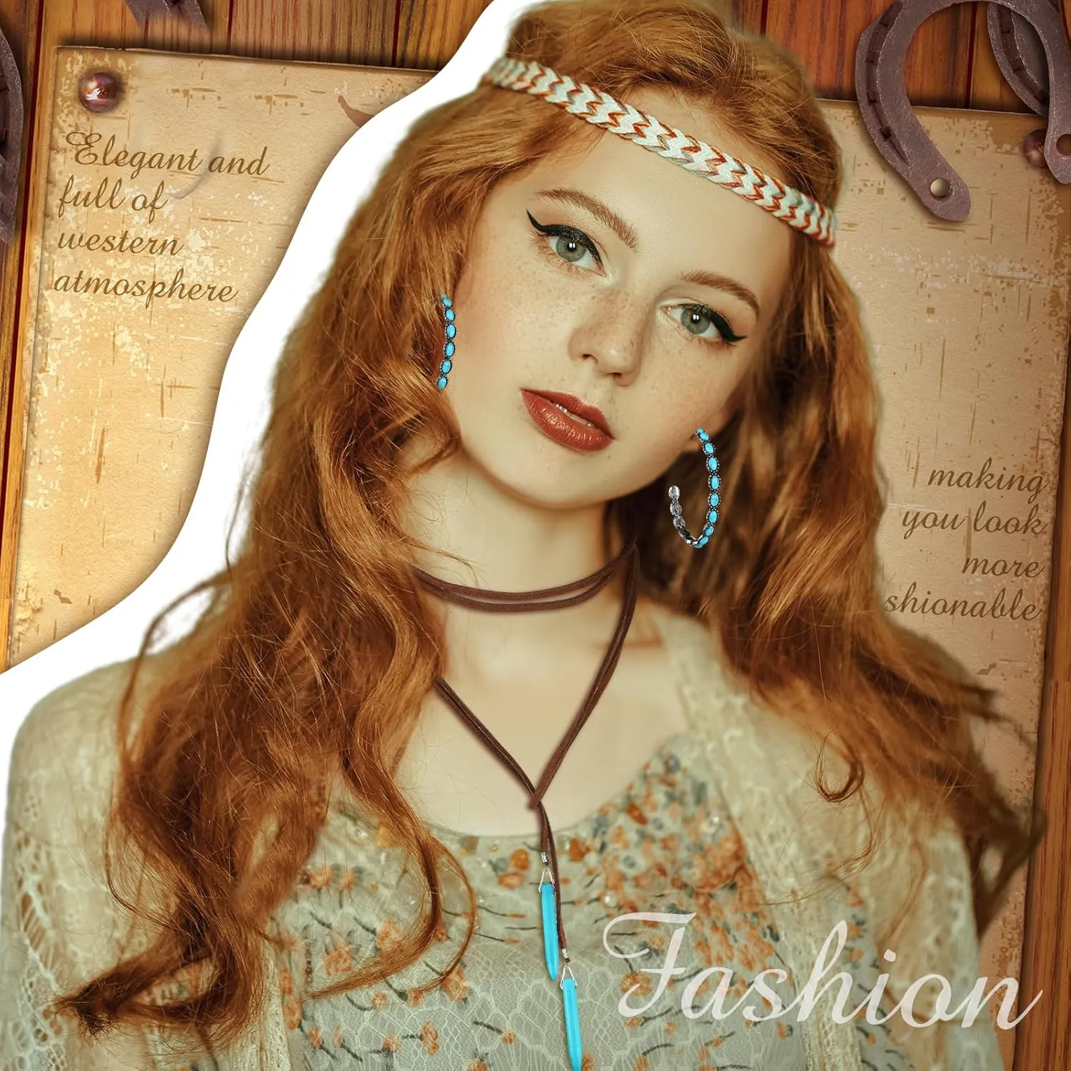 Ecally 7 Pcs Boho Jewelry Set Straw Cowboy Hat with Vintage Turquoise Necklace Rodeo Bracelet Ring Pendant Earrings for Women