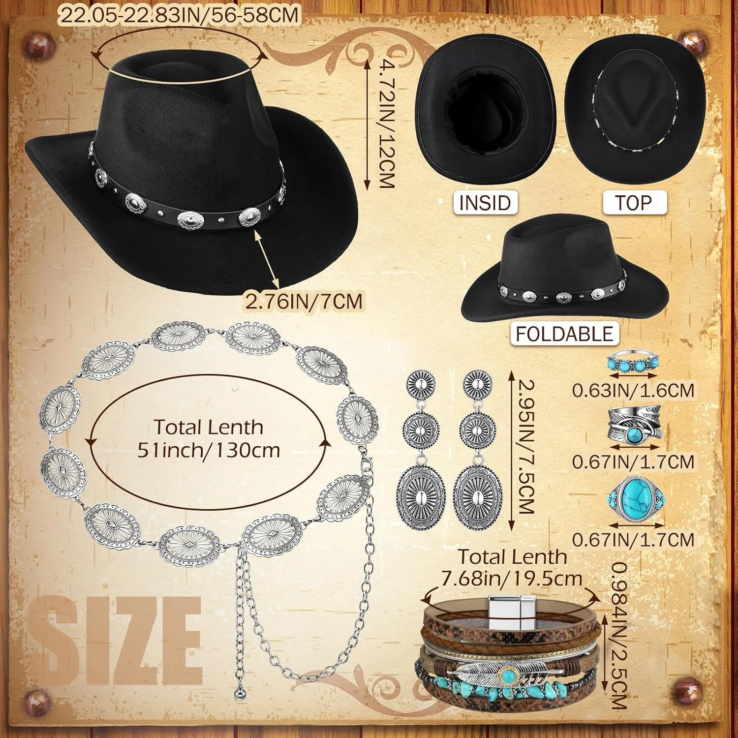 Ecally 7 Pcs Boho Jewelry Set Straw Cowboy Hat with Vintage Turquoise Necklace Rodeo Bracelet Ring Pendant Earrings for Women