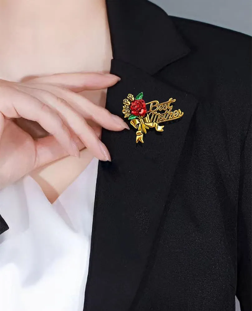 Elegant Flower Best Mother Brooch Pin for Women Girls Mom Fashion Red Blue Rose Green Leaf Bowknot Ribbon Badge Brooches Lapel Pins Cute Dress Accessories Mother's Birthday Christmas Jewelry for Mommy Wife