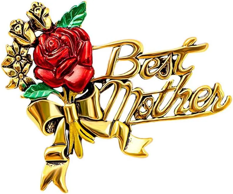 Elegant Flower Best Mother Brooch Pin for Women Girls Mom Fashion Red Blue Rose Green Leaf Bowknot Ribbon Badge Brooches Lapel Pins Cute Dress Accessories Mother's Birthday Christmas Jewelry for Mommy Wife