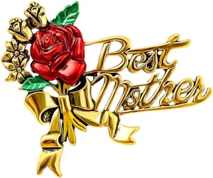 Elegant Flower Best Mother Brooch Pin for Women Girls Mom Fashion Red Blue Rose Green Leaf Bowknot Ribbon Badge Brooches Lapel Pins Cute Dress Accessories Mother's Birthday Christmas Jewelry for Mommy Wife
