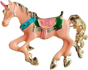 Elegant Horse Pink Enamel Statement Brooch Pin for Women Girls Men Funny Creative Crystal Chinese Zodiac Running Pony Animal Lapel Scarf Pins Brooches Suit Coat Clothes Badges Corsage Decoration Jewelry Gifts