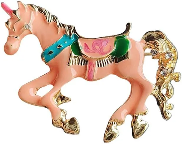 Elegant Horse Pink Enamel Statement Brooch Pin for Women Girls Men Funny Creative Crystal Chinese Zodiac Running Pony Animal Lapel Scarf Pins Brooches Suit Coat Clothes Badges Corsage Decoration Jewelry Gifts