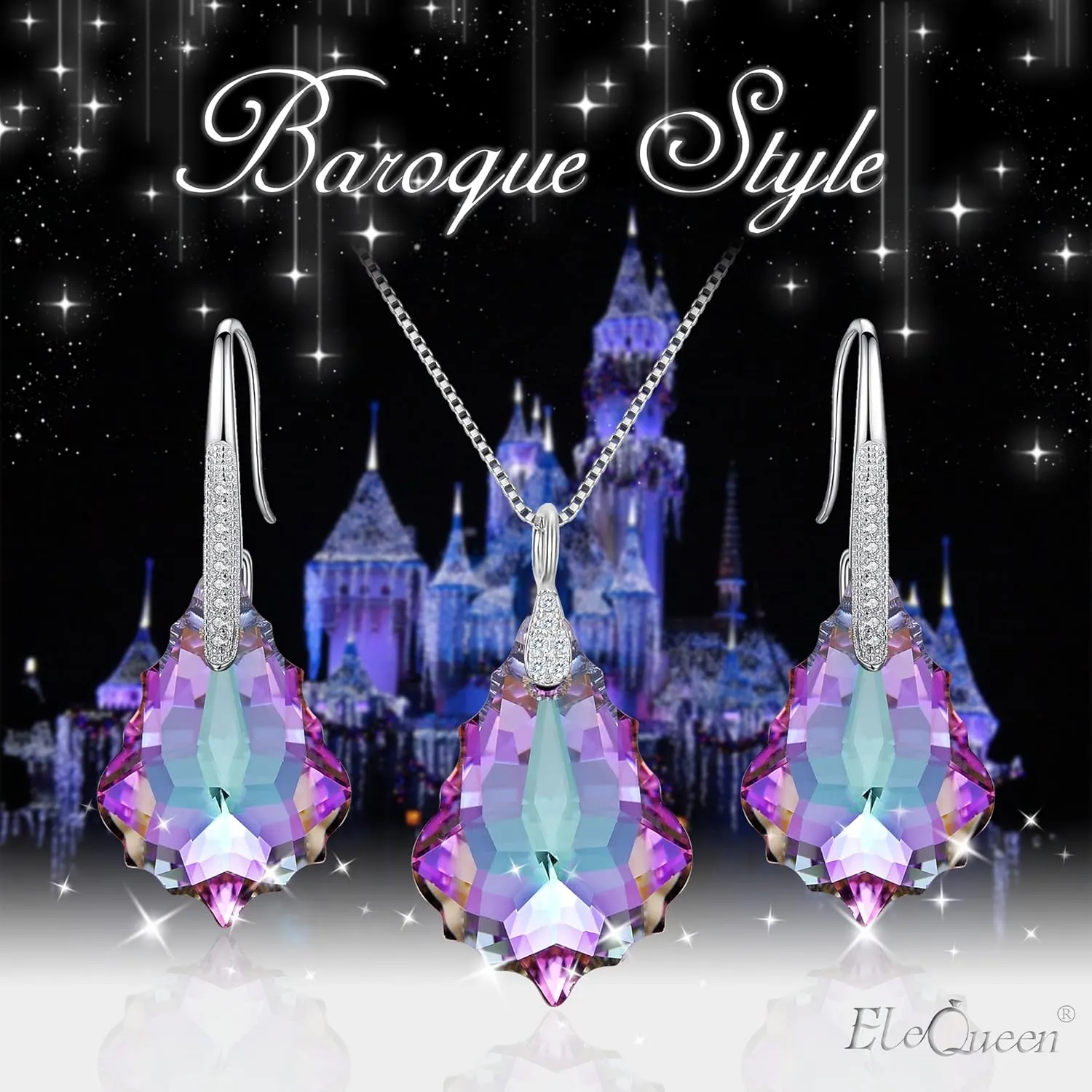 EleQueen 925 Sterling Silver CZ Baroque Drop Pendant Necklace Dangle Earrings Set Made with Austrian Crystal, Valentine's Day/Mother's Day/Christmas Jewelry Gift