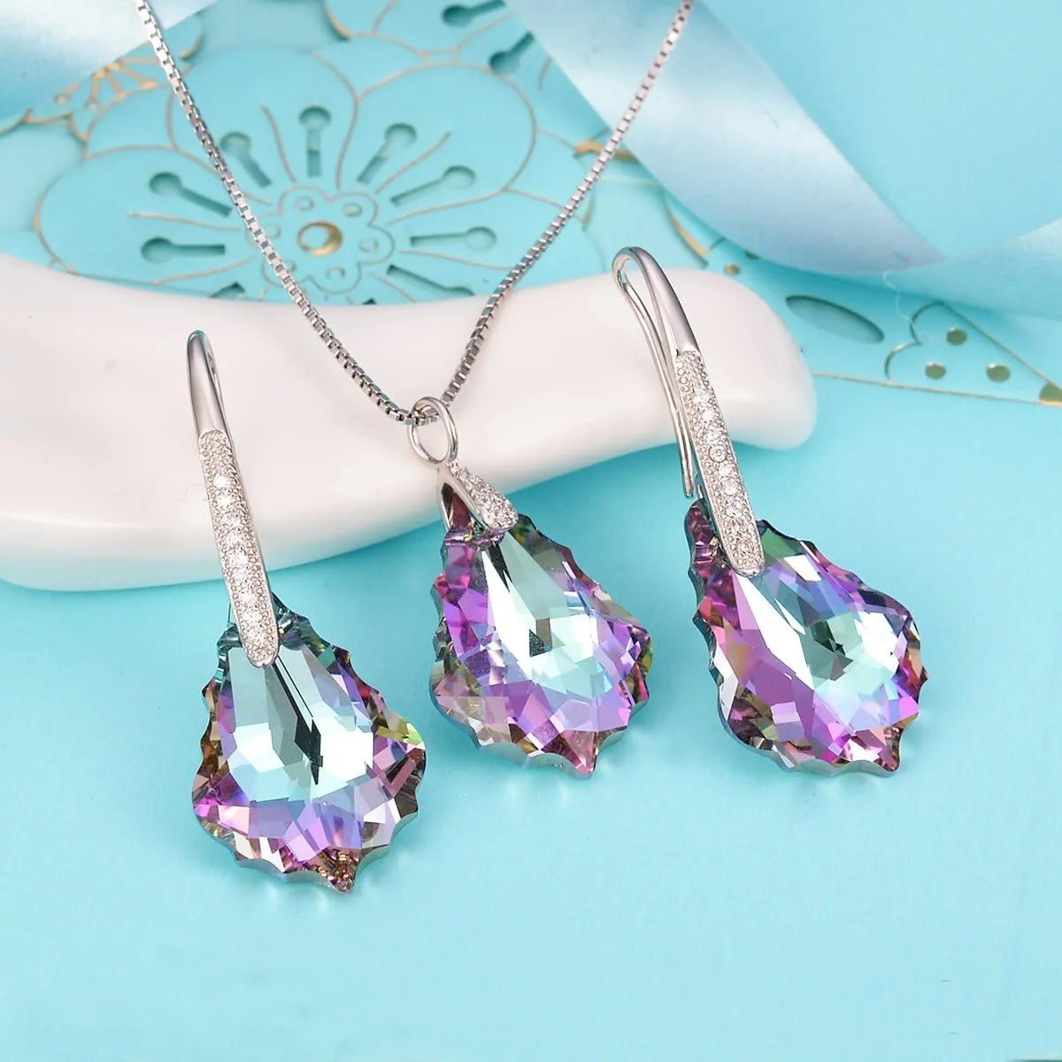 EleQueen 925 Sterling Silver CZ Baroque Drop Pendant Necklace Dangle Earrings Set Made with Austrian Crystal, Valentine's Day/Mother's Day/Christmas Jewelry Gift