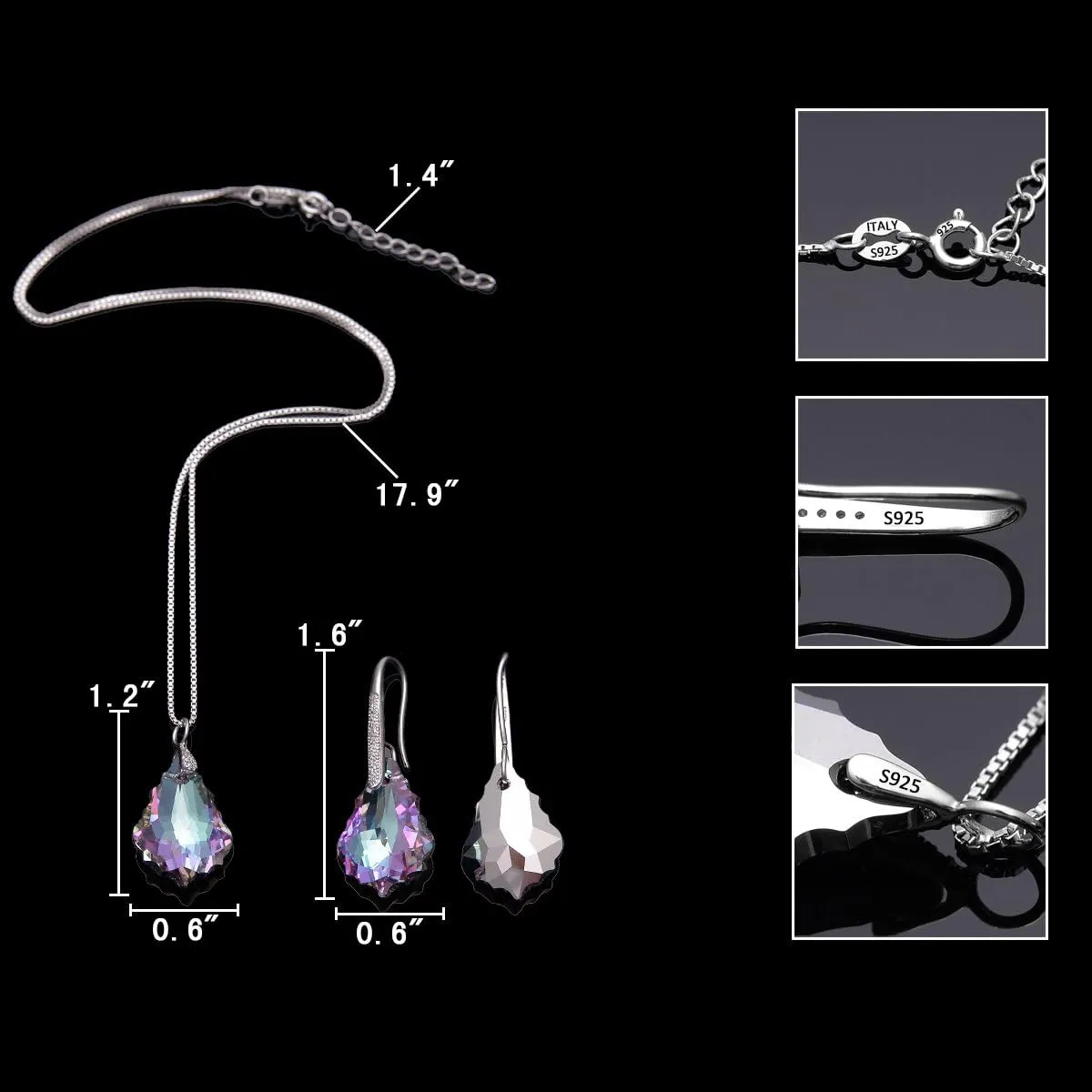 EleQueen 925 Sterling Silver CZ Baroque Drop Pendant Necklace Dangle Earrings Set Made with Austrian Crystal, Valentine's Day/Mother's Day/Christmas Jewelry Gift