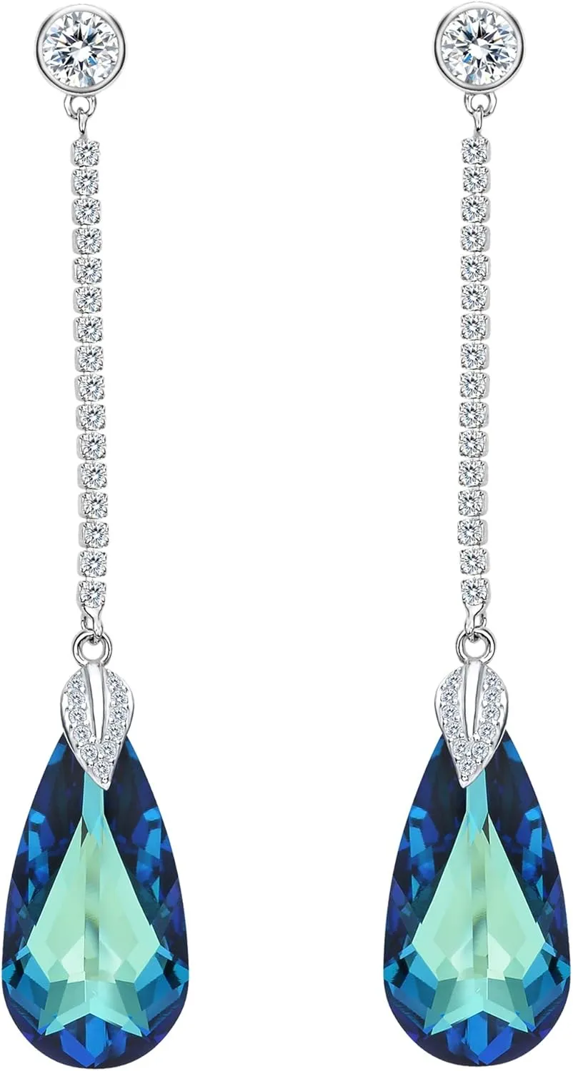 EleQueen 925 Sterling Silver CZ Teardrop Leaf Long Dangle Earrings Made with Austrian Crystal for Women, Valentine's Day/Mother's Day/Christmas Jewelry Gift